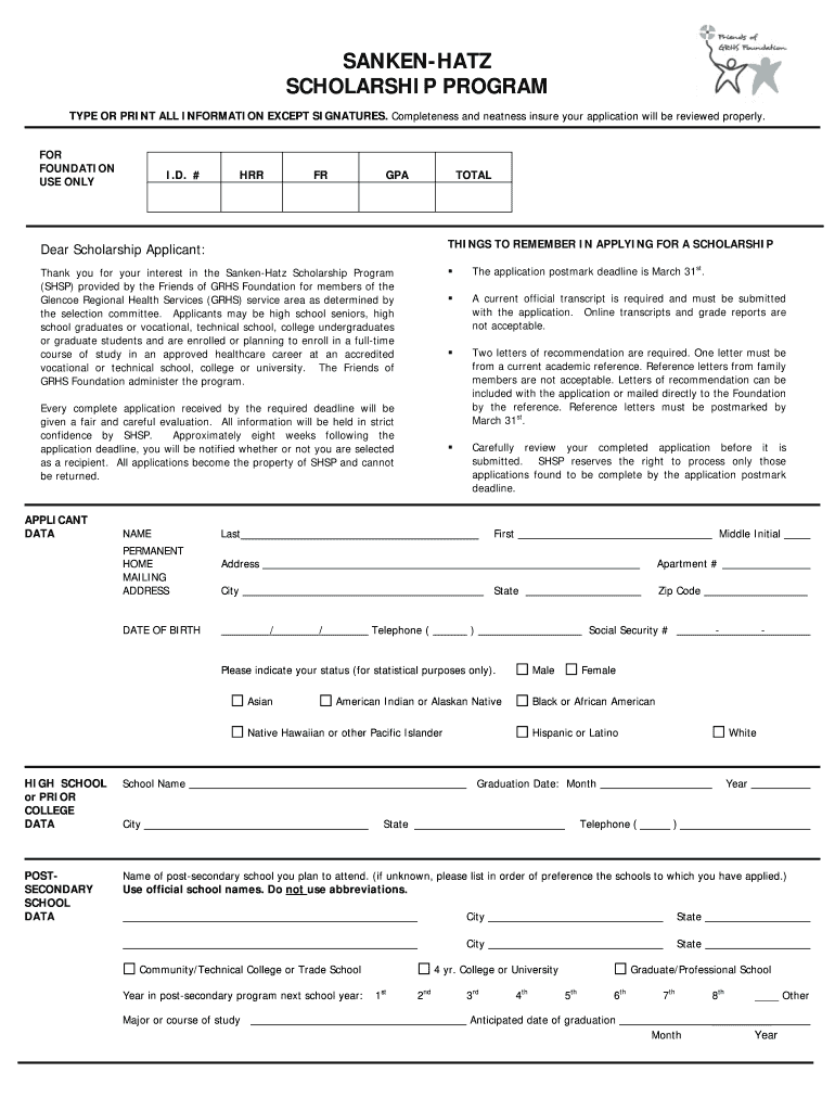 Sanken Hatz Scholarship Program  Glencoe Regional Health Services  Form