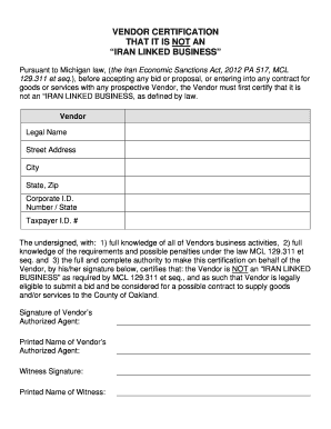 Iran Linked Business Michigan Bid System  Form