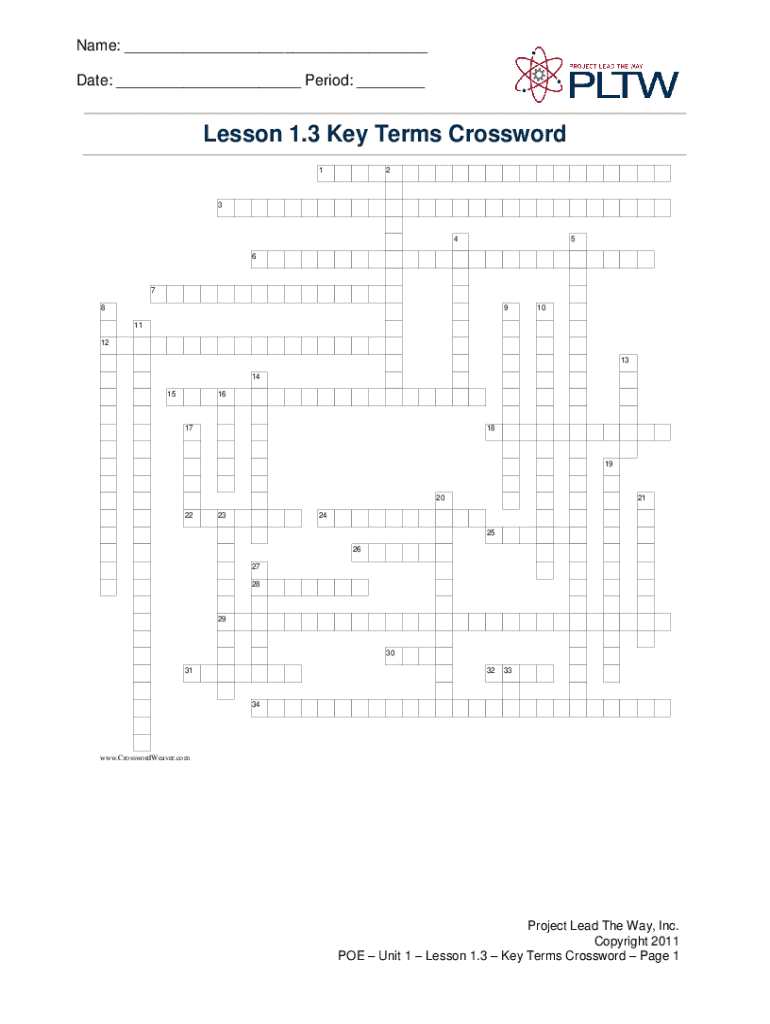 Lesson 1 Key Term Crossword Pltw Answer Key  Form