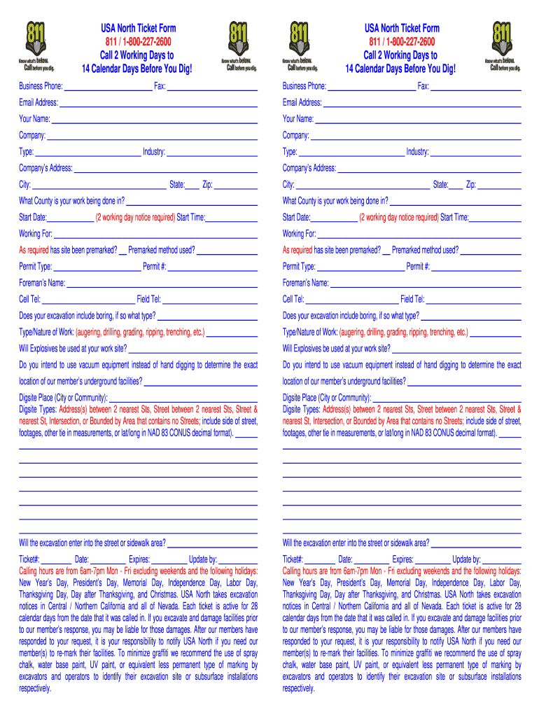 Usa North 811 E Ticket  Form