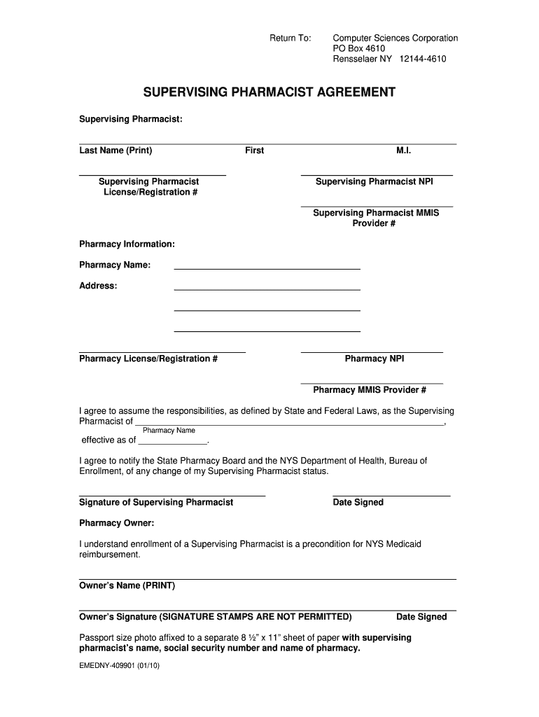  Supervising Pharmacist Agreement  Form #409901  EMedNY 2010-2024