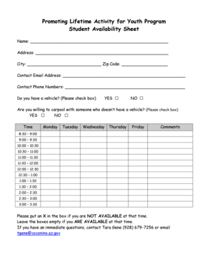 Student Availability Form Prm Nau