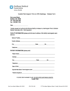 Outside Mammogram Films to DMA Radiology Release Form