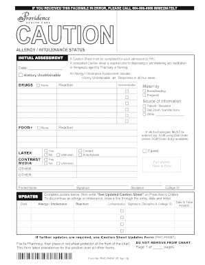 PH047 Caution Form Allergy Intolerance Status Providence Health