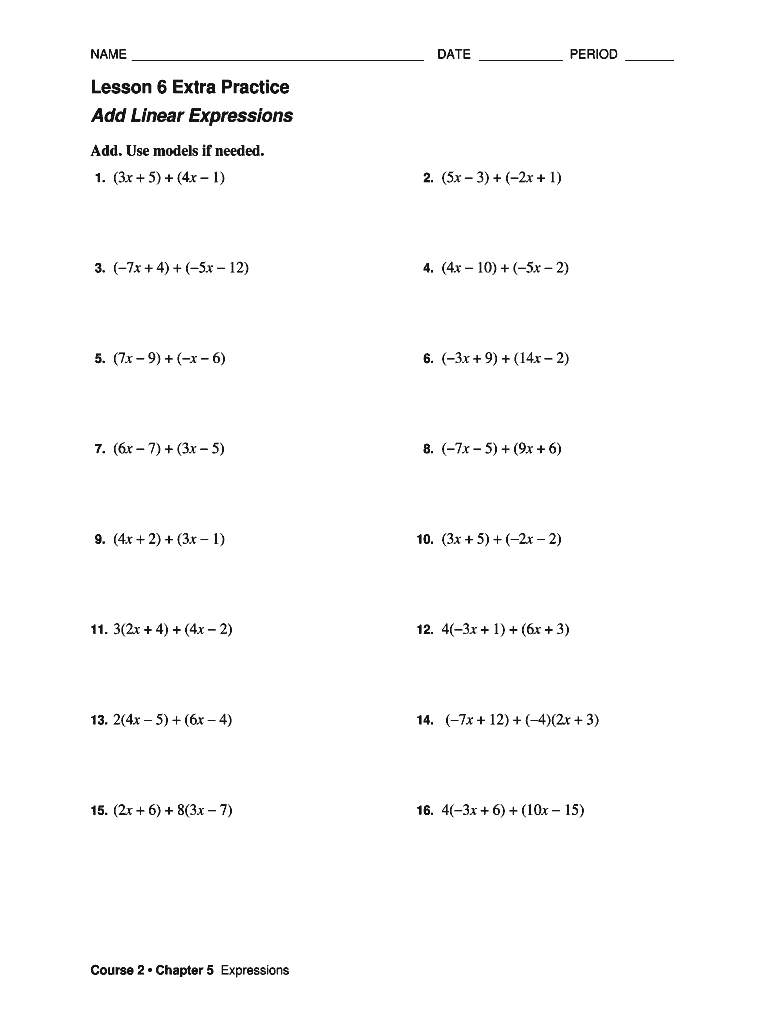 Lesson 3 Skills Practice Adding Linear Expressions Answer Key  Form