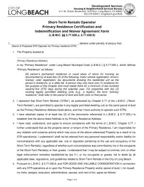 Primary Residence Certification and Indemnification Form