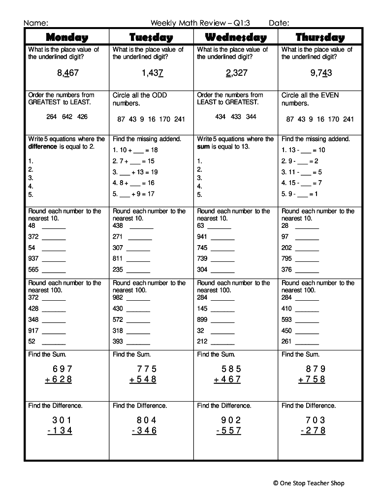 Weekly Math Review  Form