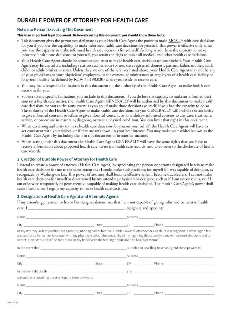  WA Durable Power of Attorney for Health Care 2019-2024