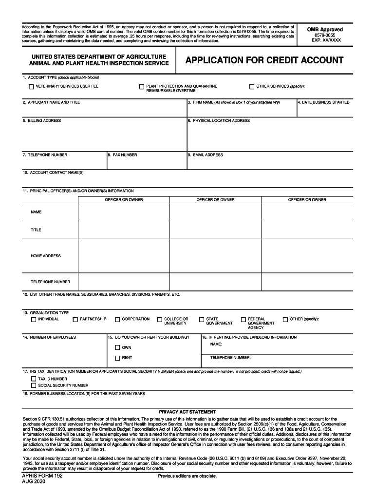  APHIS 192 Application for Credit Account 2020-2024