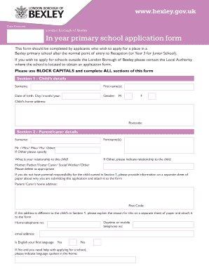 Fillable Online in Year Primary School Application Form
