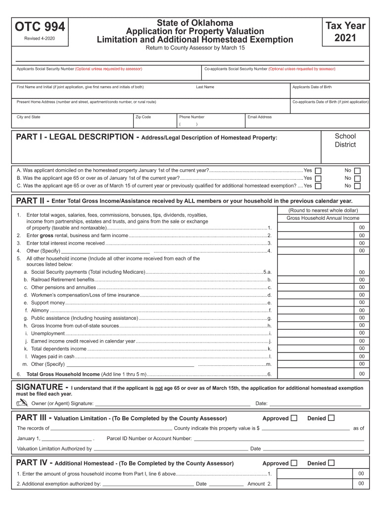  Form 994 Application for Property Valuation Limitation and Additional Homestead Exemption 2021