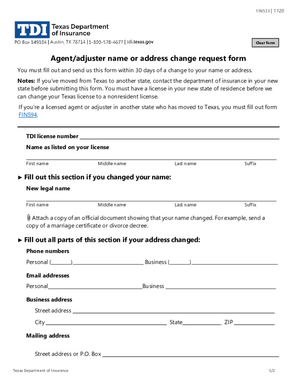  PDF Agentadjuster Name or Address Change Request Form Texas 2020