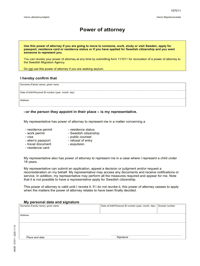  Power of Attorney Power of Attorney, Moving to Someone, Working, Studying, Visiting Sweden,applying for Passport, Residence Card 2020-2024