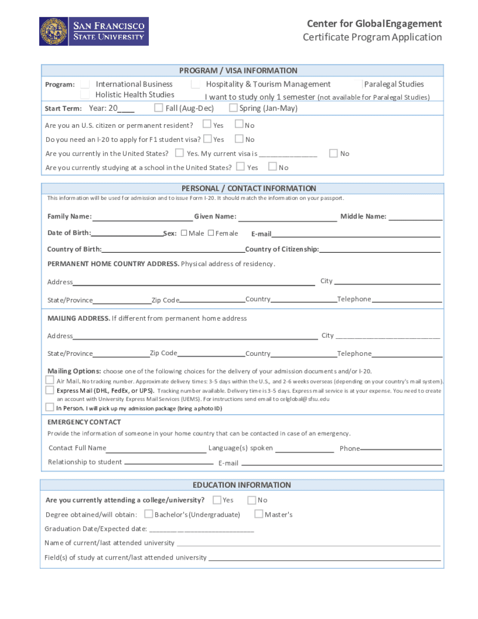 Center for GlobalEngagement Certificate Program Application  Form