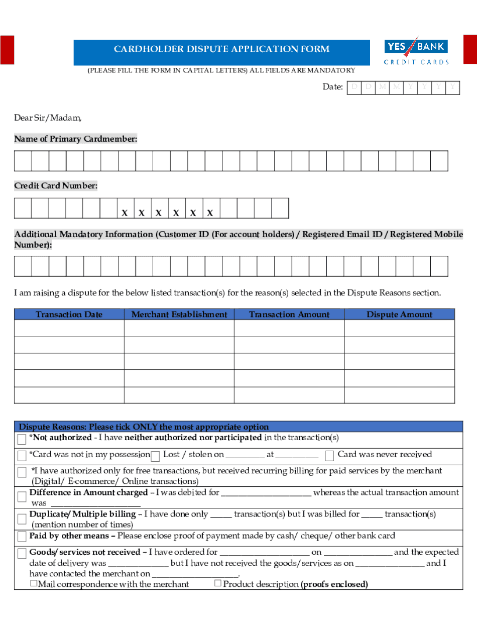  CARDHOLDER DISPUTE APPLICATION FORM Yes Bank 2020-2024