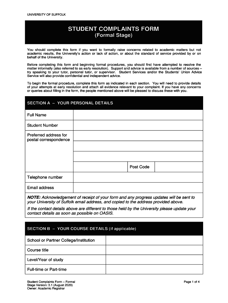 Academic Appeal Form Formal Stage University of Suffolk