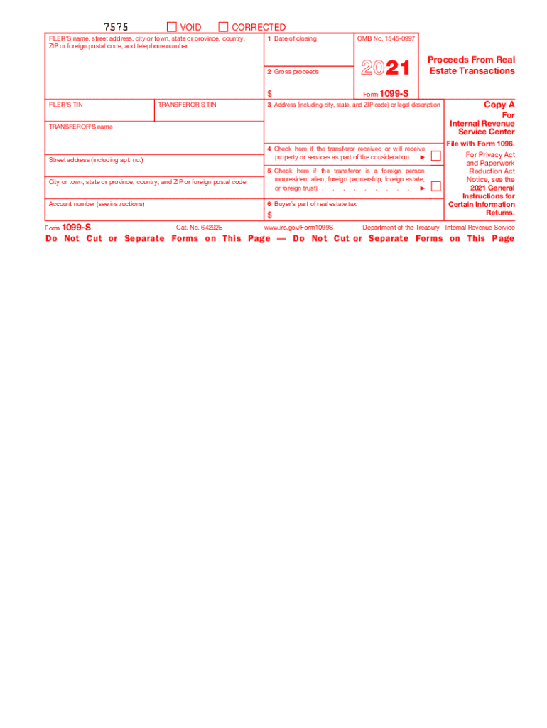  Form 1099 S Proceeds from Real Estate Transactions 2021-2024