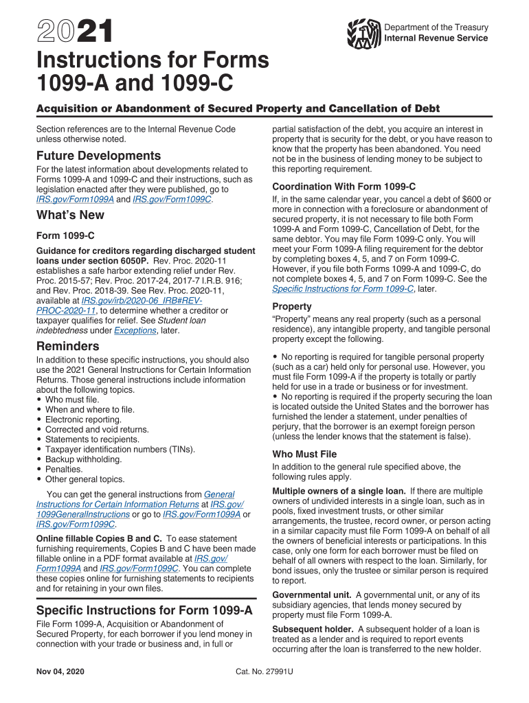  2021 Instructions for Forms 1099 a and 1099 C Instructions for Forms 1099 a and 1099 C, Acquisition or Abandonment of Secured Pr 2021