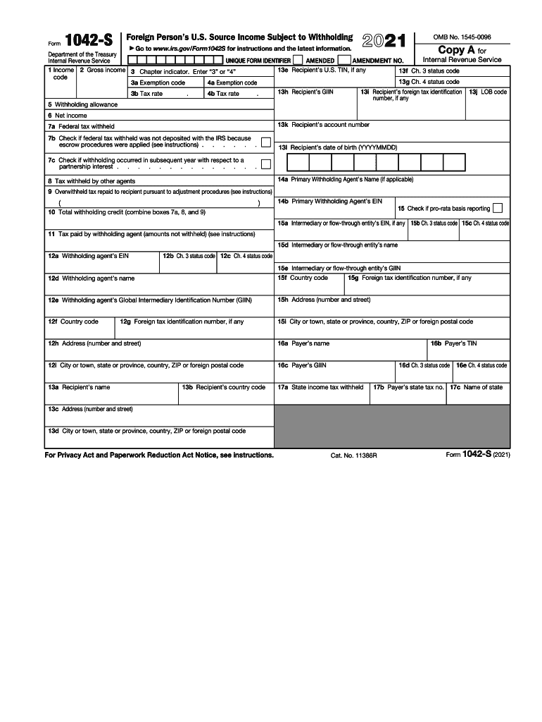 Form 1042 S Foreign Person's U S Source Income Subject to Withholding 2021