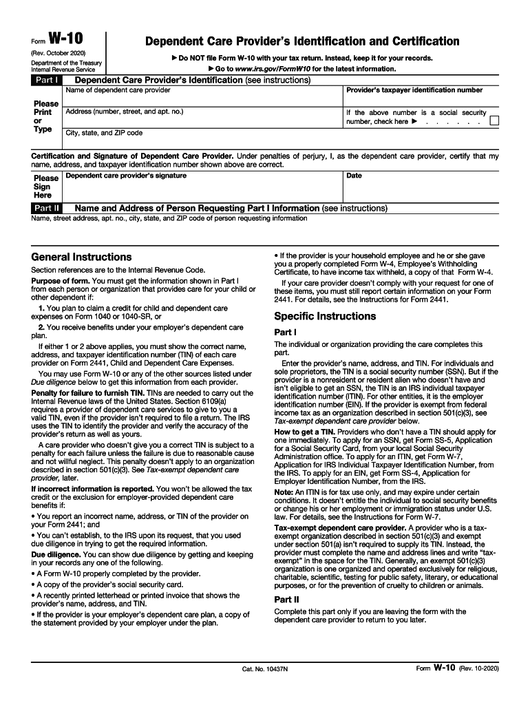  Form W 10 Rev October Dependent Care Provider's Identification and Certification 2020-2024