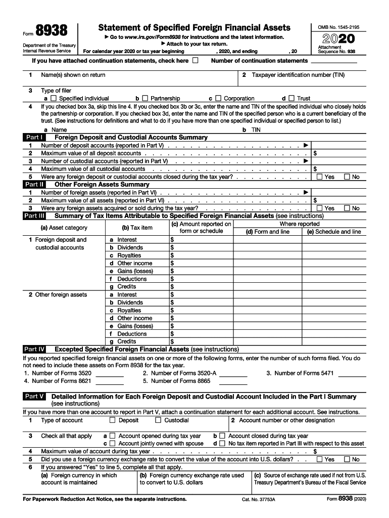  Form 8938 Statement of Specified Foreign Financial Assets 2020