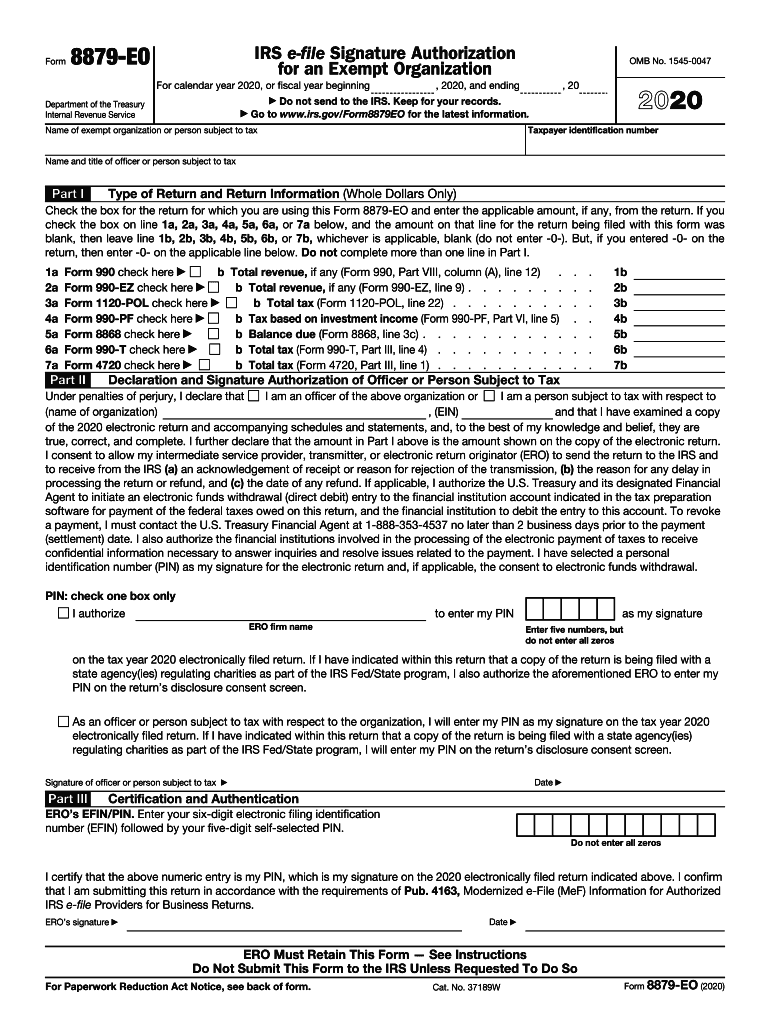 Form 8879 EO IRS E File Signature Authorization for an Exempt Organization