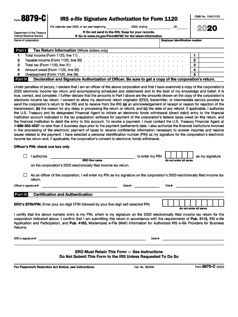  Form 8879 C IRS E File Signature Authorization for Form 1120 2020