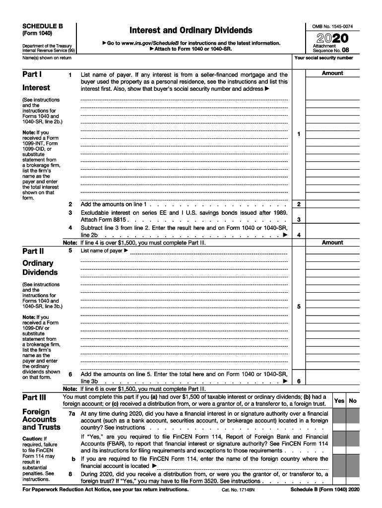  Schedule B Form 1040 Internal Revenue Service 2020