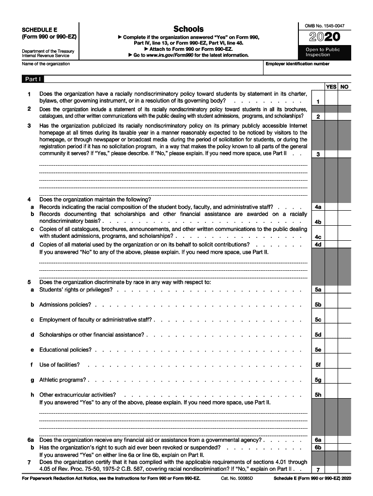  SCHEDULE E Schools OMB No 1545 0047 Form 990 or 990 EZ 2020