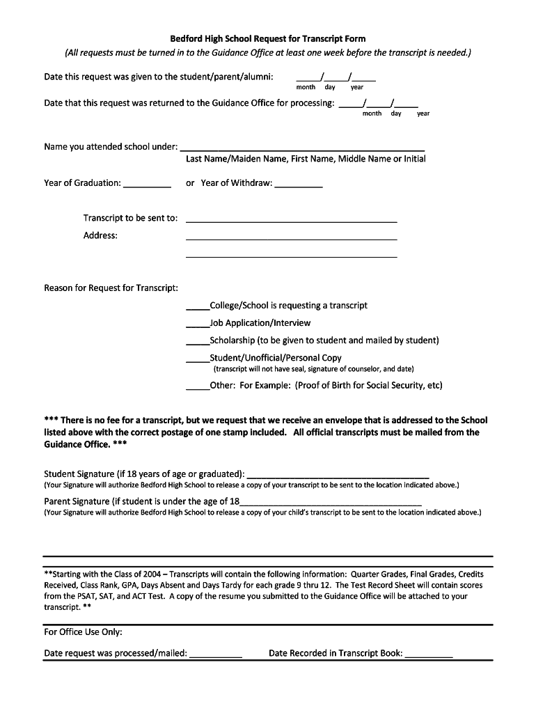Bedford High School Request for Transcript Form AWS