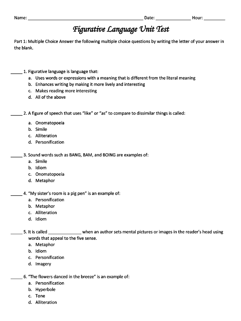 Figurative Language Unit Test Answer Key  Form