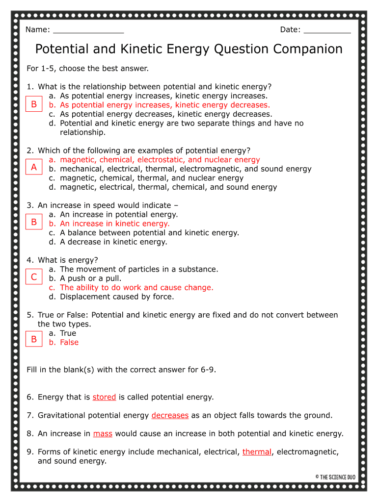 Potential and Kinetic Energy Question Companion  Form