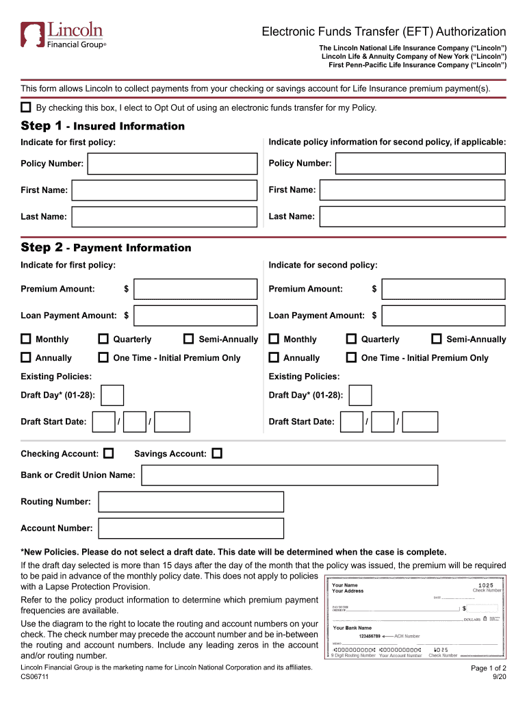 Electronic Funds Transfer EFT Authorization Life Company  Form