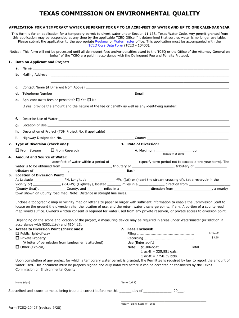  Form TCEQ 20425 'Application for a Temporary Water Use 2020-2024
