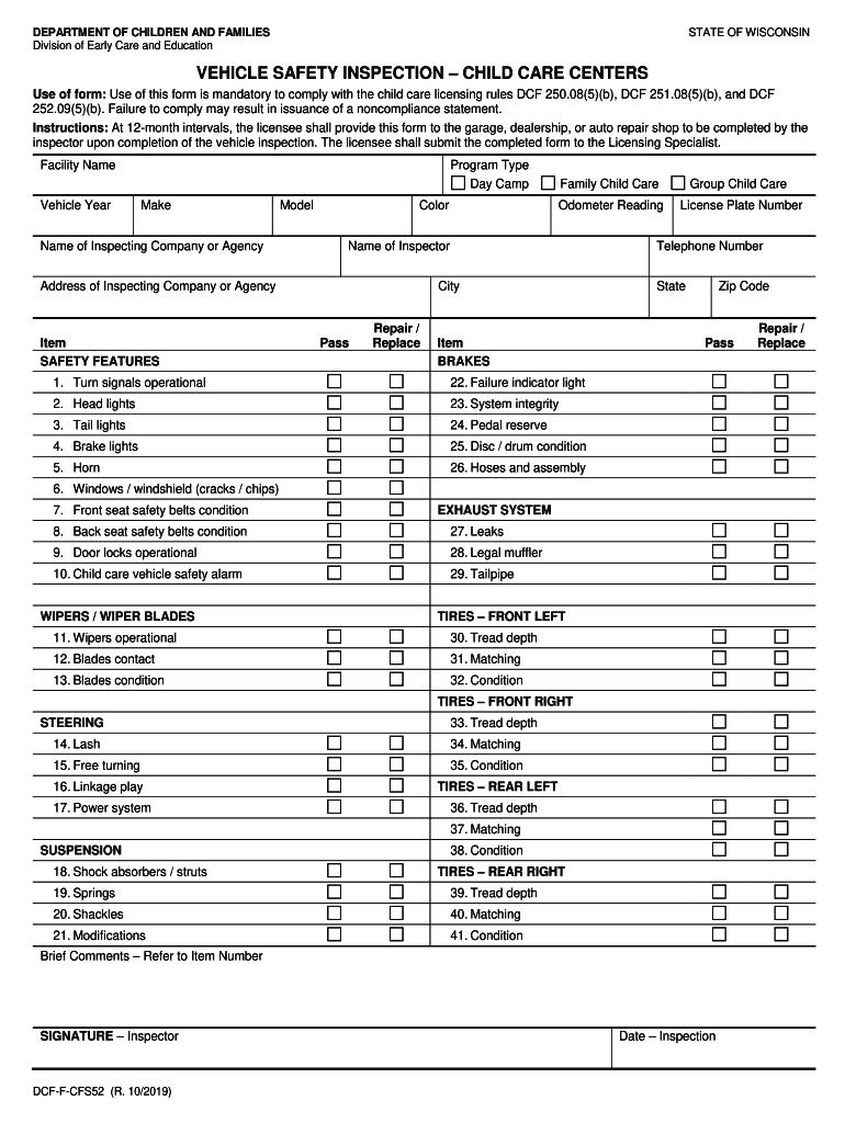 Vehicle Safety Inspection, DCF F CFS0052 Child Care Licensing  Form