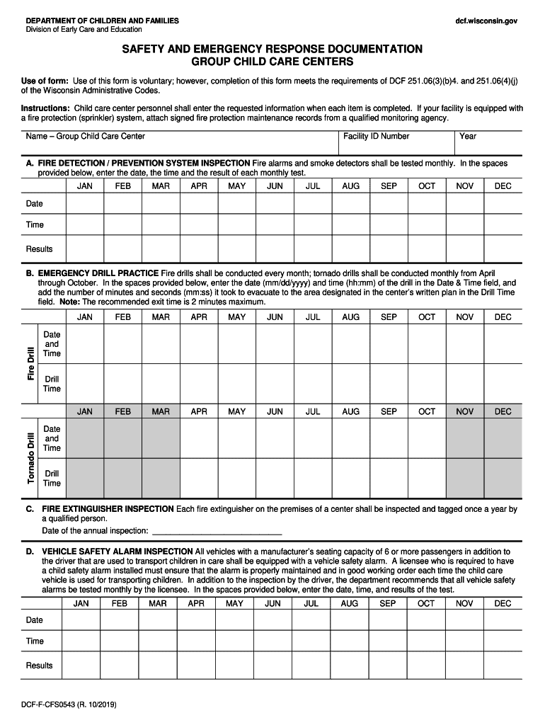  Safety and Emergency Response Documentation Group Child Care Centers, DCF F CFS543 Child Care Licensing 2019-2024