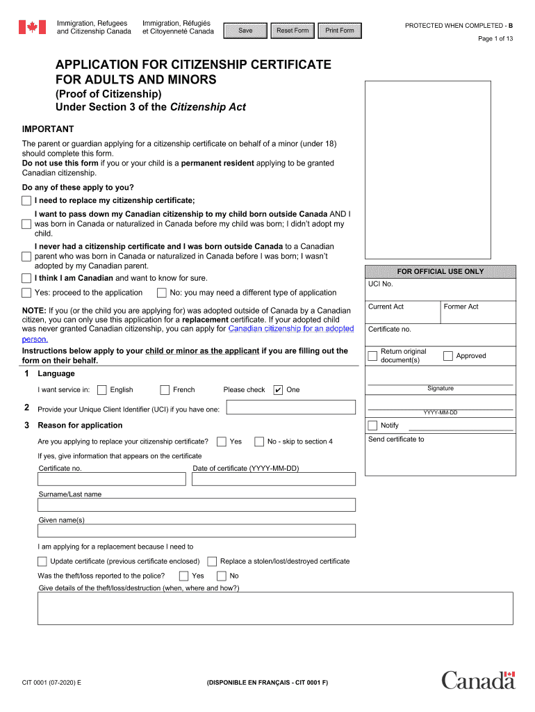  CIT 0001 E Application for Citizneship Certificate for Adults and Minors Proof of Citizenship under Section 3 of the Citizenship 2020