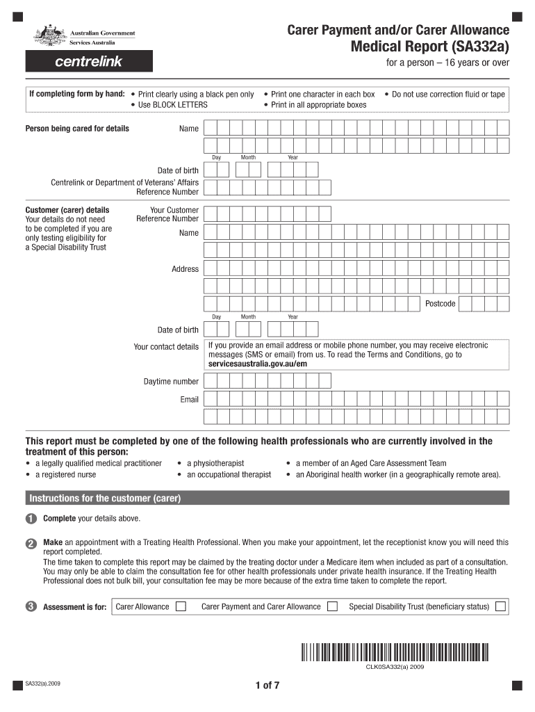  Carer Payment Andor Carer Allowance Medical Report SA332a for a Person 16 Years or over 2020