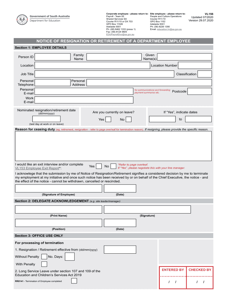  Notice of Resignation or Retirement VL156 Department for 2020-2024