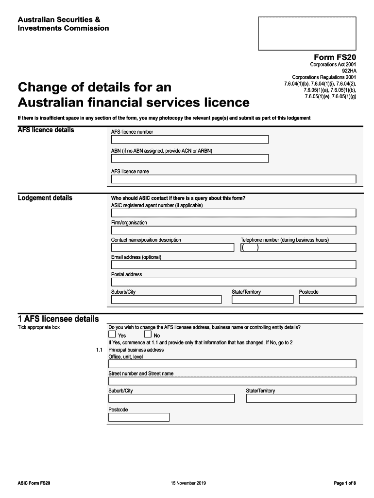  Change of Details for an Australian Financial Services ASIC 2019-2024