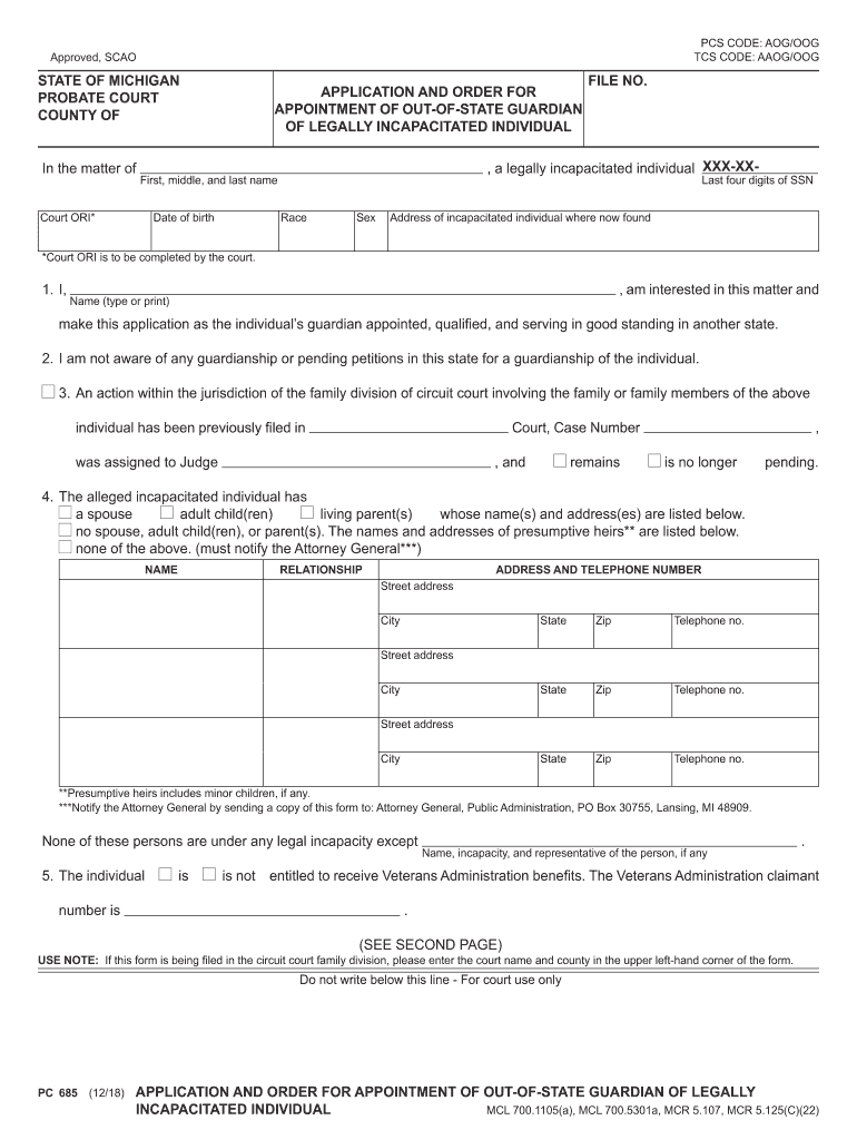  Form PC685 'Application and Order for Appointment of Out of 2018-2024