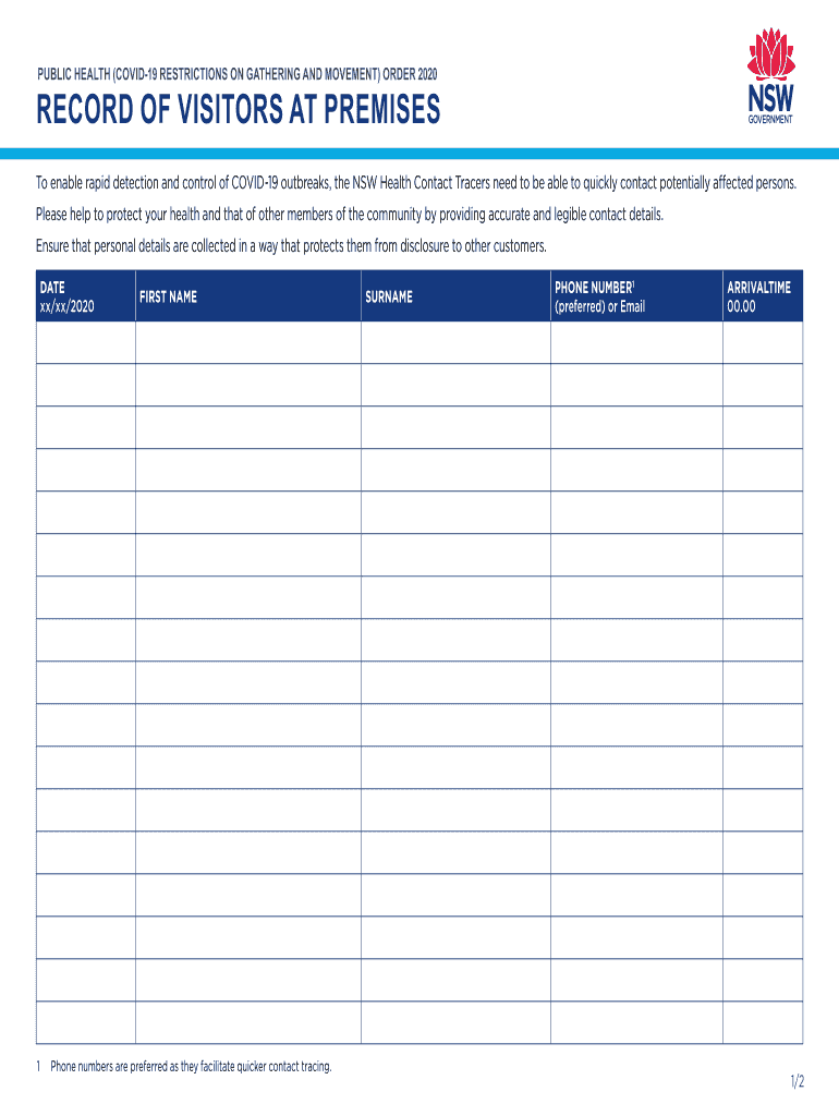 Record of Visitors at Premises  Form