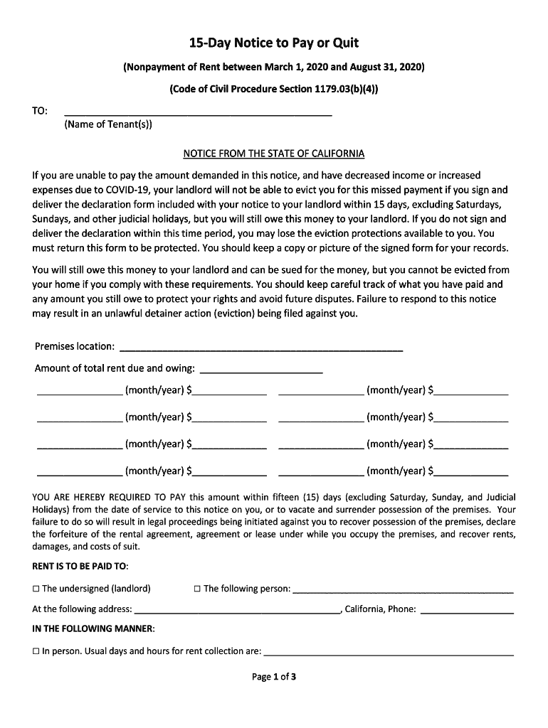 15 Day Notice to Pay or Quit  Form
