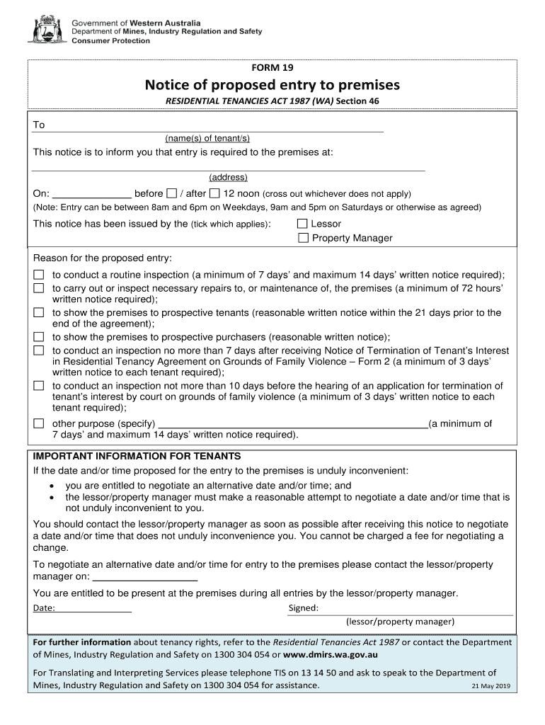  Form 19 Notice of Proposed Entry to Premises Residential Tenancy 2019-2024