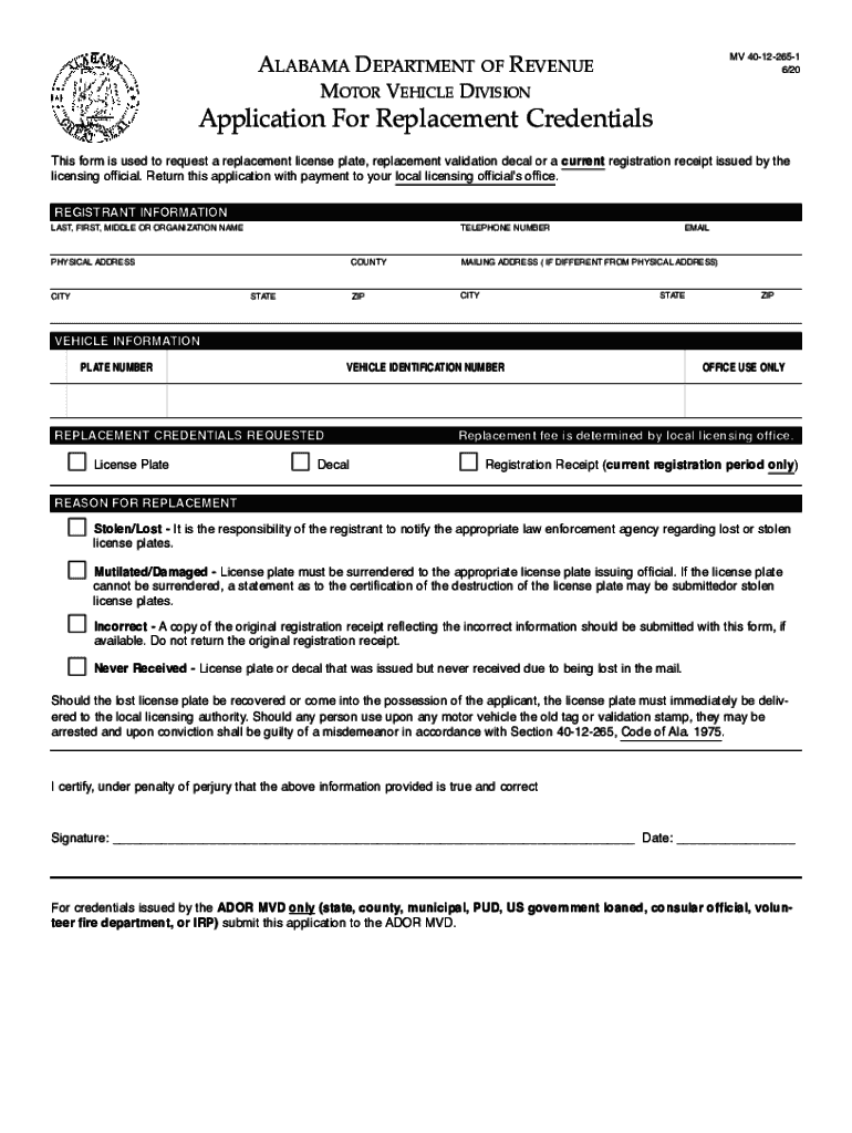  Application for Replacement License Plate, Validation Decal 2020-2024