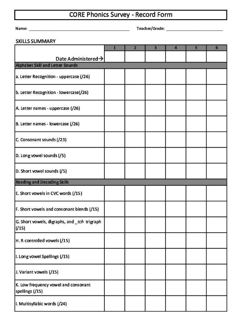 Core Phonics Survey Record Form