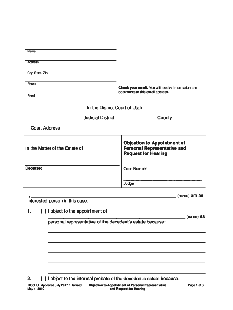 Objection to Appointment of Personal Representative and Request for Hearing Objection to Appointment of Personal Representative   Form