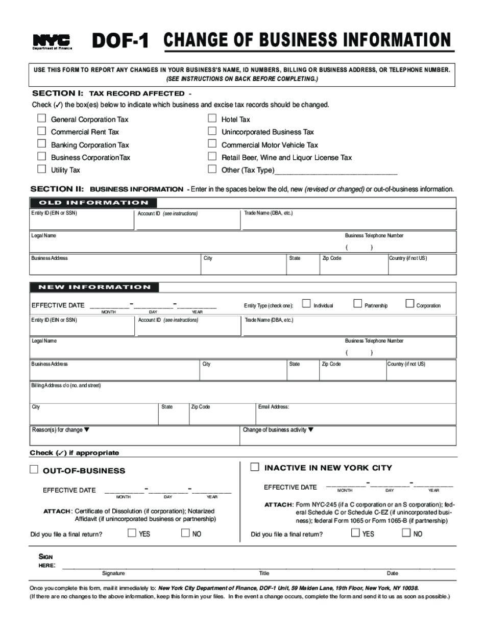  Form Dof 1 Change of Business Information Printable PDF 2019