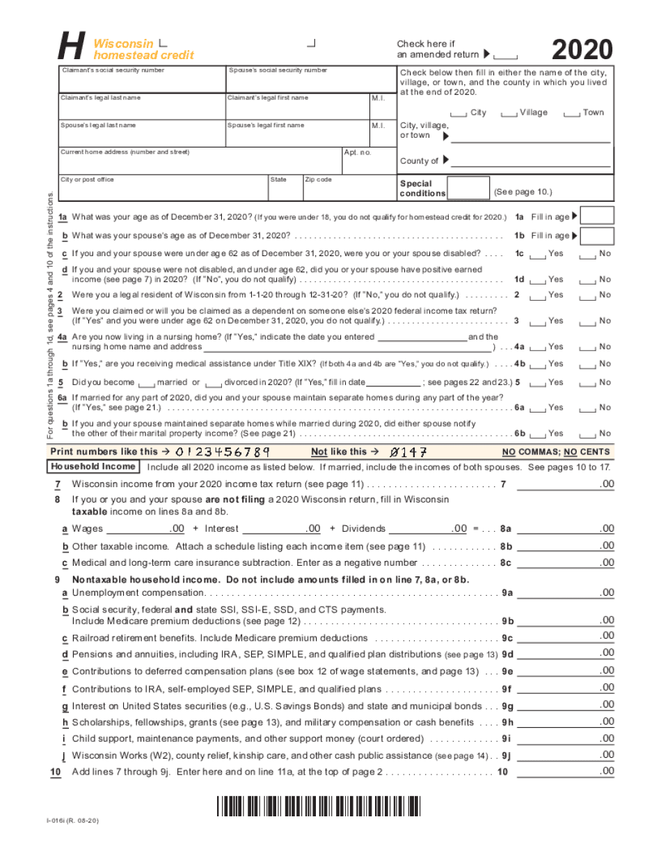  I 016 Schedule H Wisconsin Homestead Credit Claim Fillable 2020