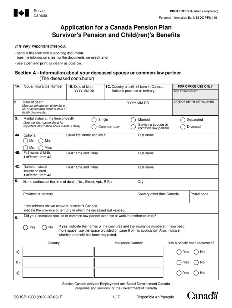  Application for CPP Survivor's Pension and Children's Benefits 2020-2024